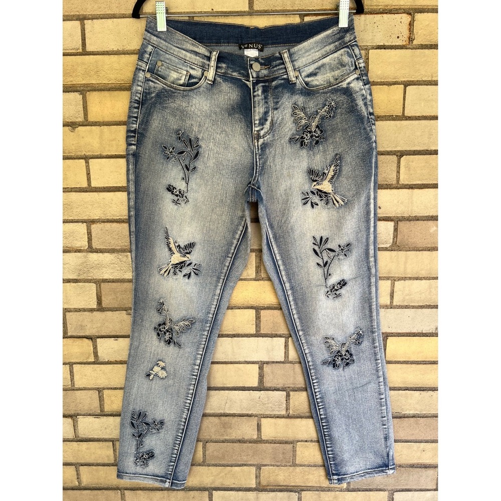 Venus Bird Floral Embroidered Skinny Jeans Light Wash Stretch Denim Size 10